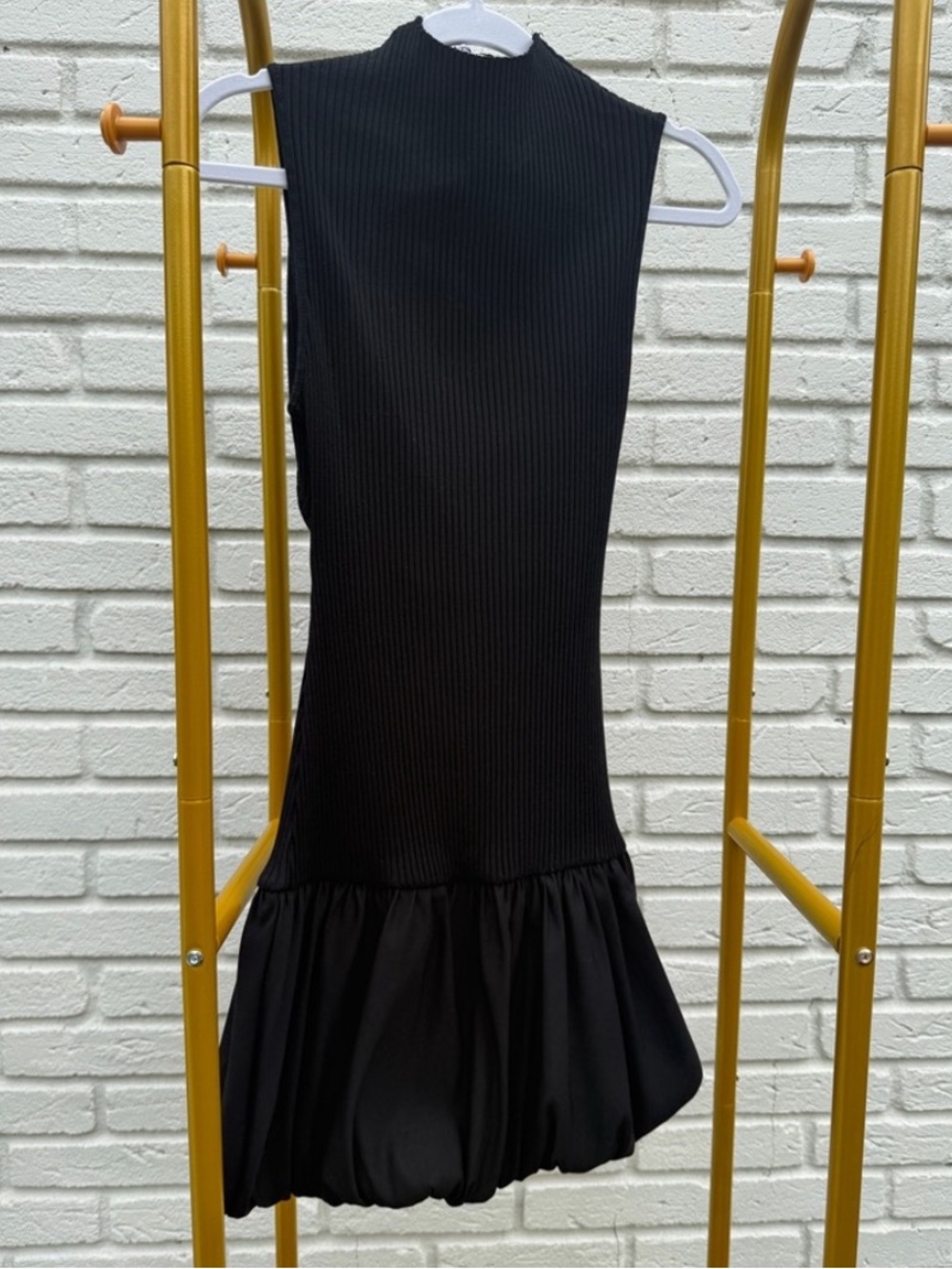 Zara Black Ribbed Mini Dress with Bubble Hem